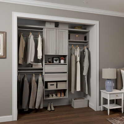 Grey Oak 106.5" Wall-Mounted Single Wall Closet System with 3 Sections, Shaker Doors, 3 Clothing Rods, 7 Shelves & 2 Reveal Drawers