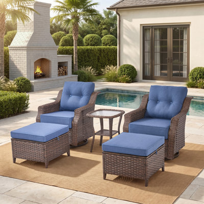 Elona 5 Piece Outdoor Wicker Swivel Glide Chair Set with Cushions