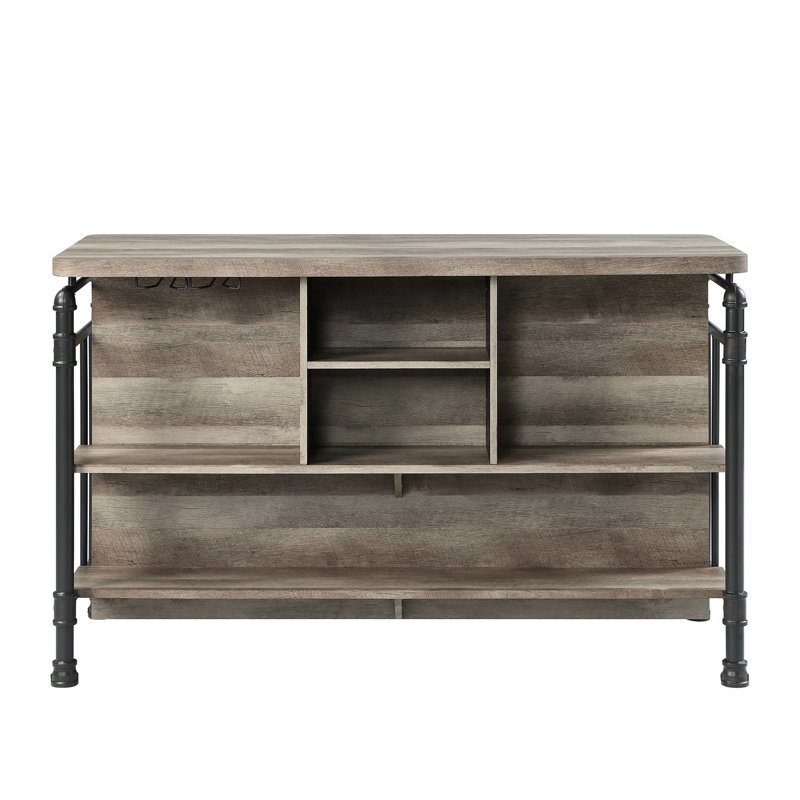 Antique Oak & Sandy Grey 5-shelf Kitchen Island, Ensuring Sufficient Storage For Bottles And Glasses, Tabletop Strong Metal Legs Dining Room Island With Abundant Area Glasses Bottles,