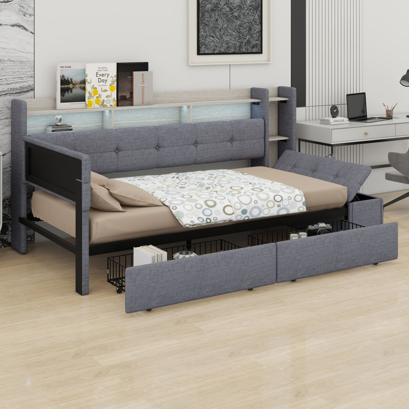 Lit de jour contemporain rembourré avec repose-pieds, tablettes, tiroirs, éclairage DEL et port USB, Grey