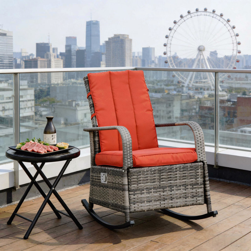 Outdoor Rocking Rattan Recliner,Red Rocker Chair, Red