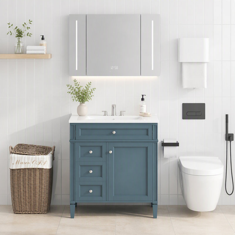 Meuble-lavabo de 76 cm avec lavabo en céramique, meuble autoportant avec 2 tiroirs et un tiroir basculant, structure en bois massif et MDF, style rétro, beige