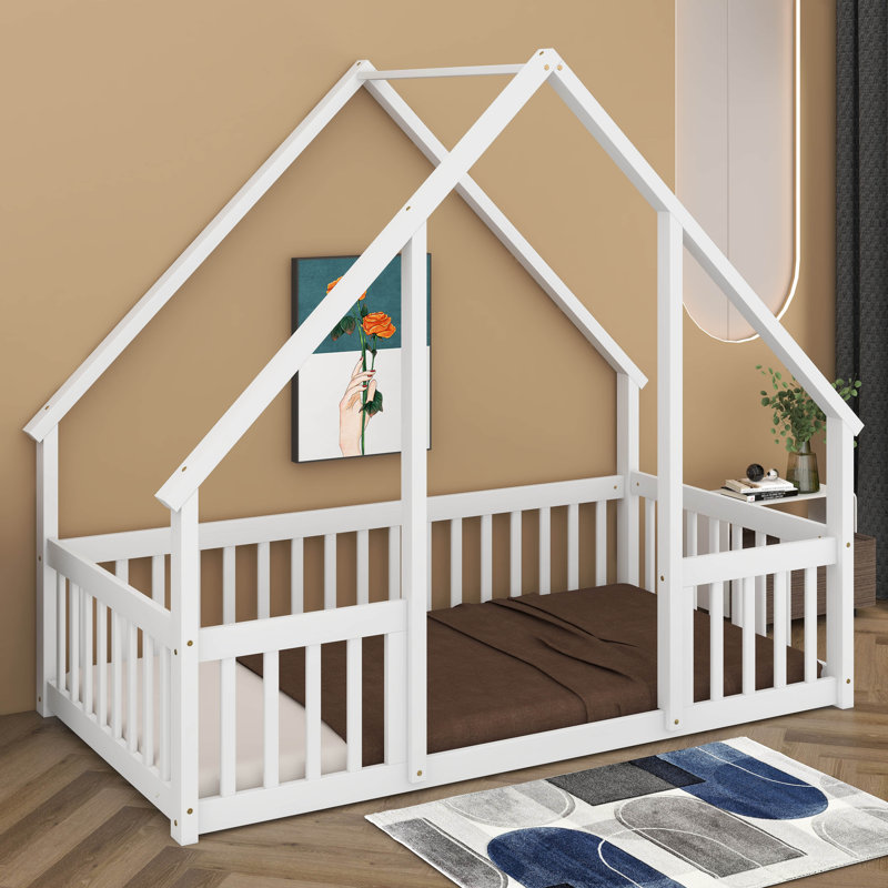 Amarionna Wood House-Shaped Floor Bed with Fence, Guardrails, Full / Double, White