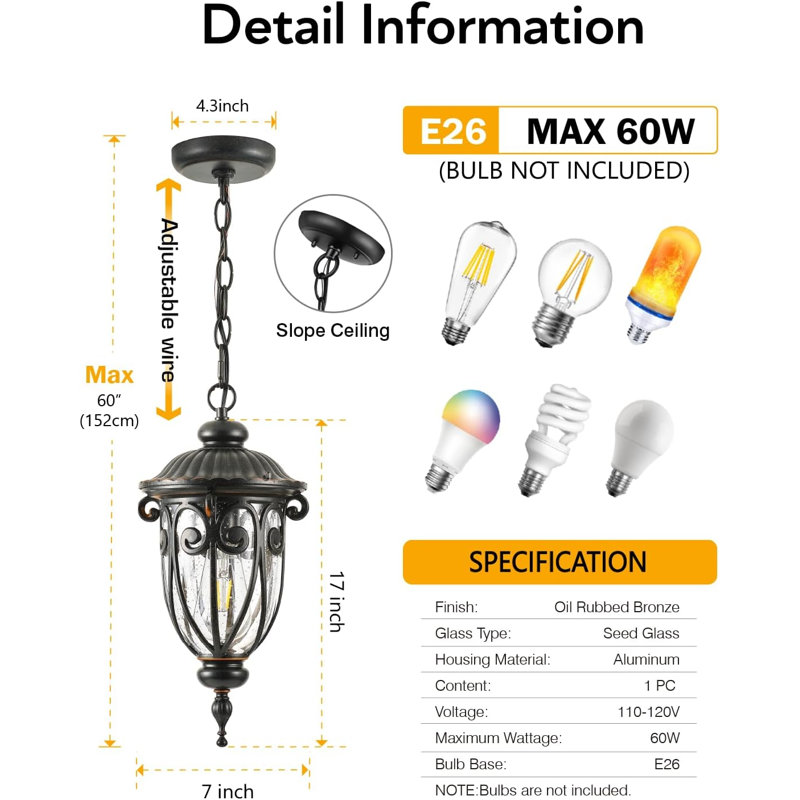 Luminaire suspendu d'extérieur câblé 17 po, Brun