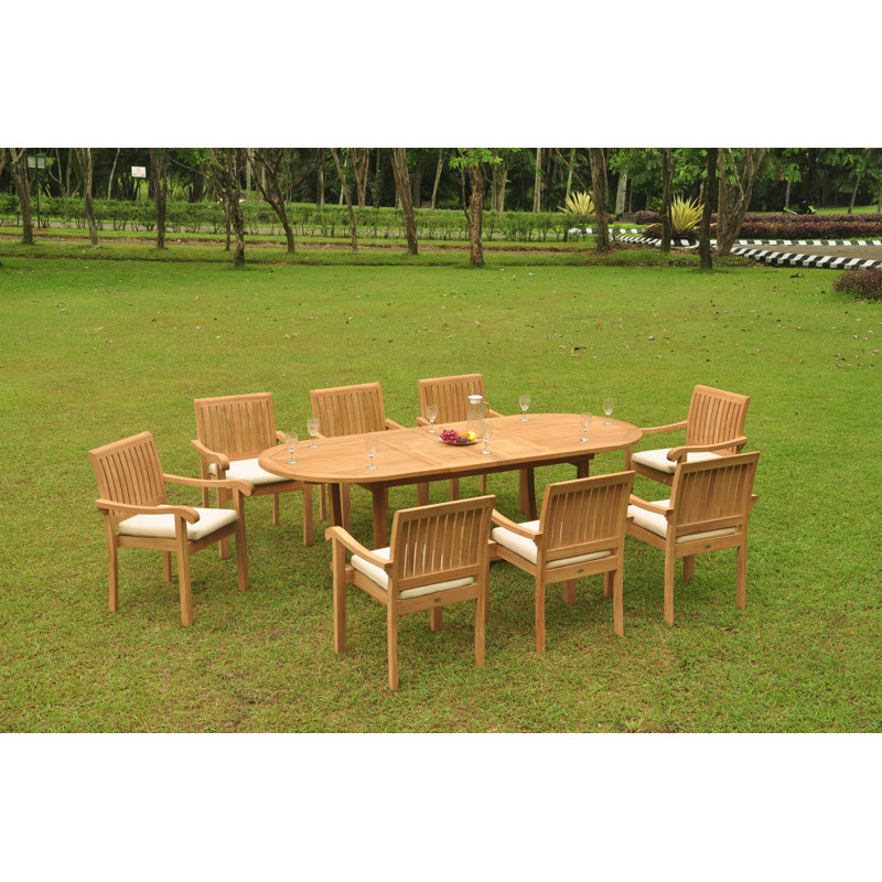 Montecito 10 - Person Teak Solid Wood Patio Dining Set Extendable and Umbrella Hole Included Oval Table, 10