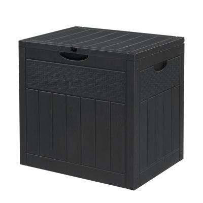 Coffret de jardin carré gris de 125 litres, contenant de rangement en plastique avec imitation bois et rotin, résistant aux intempéries, idéal pour la terrasse, le jardin et la piscine.