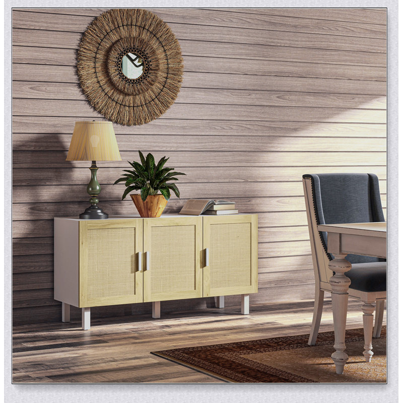 Buffet mixte 3 portes en rotin, Blanc/naturel