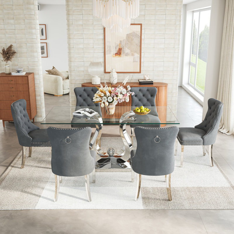 Modern 69" Rectangular Glass Dining Table With Polished Steel Base & Set Of Velvet Upholstered Dining Chairs, Gray/Silver
