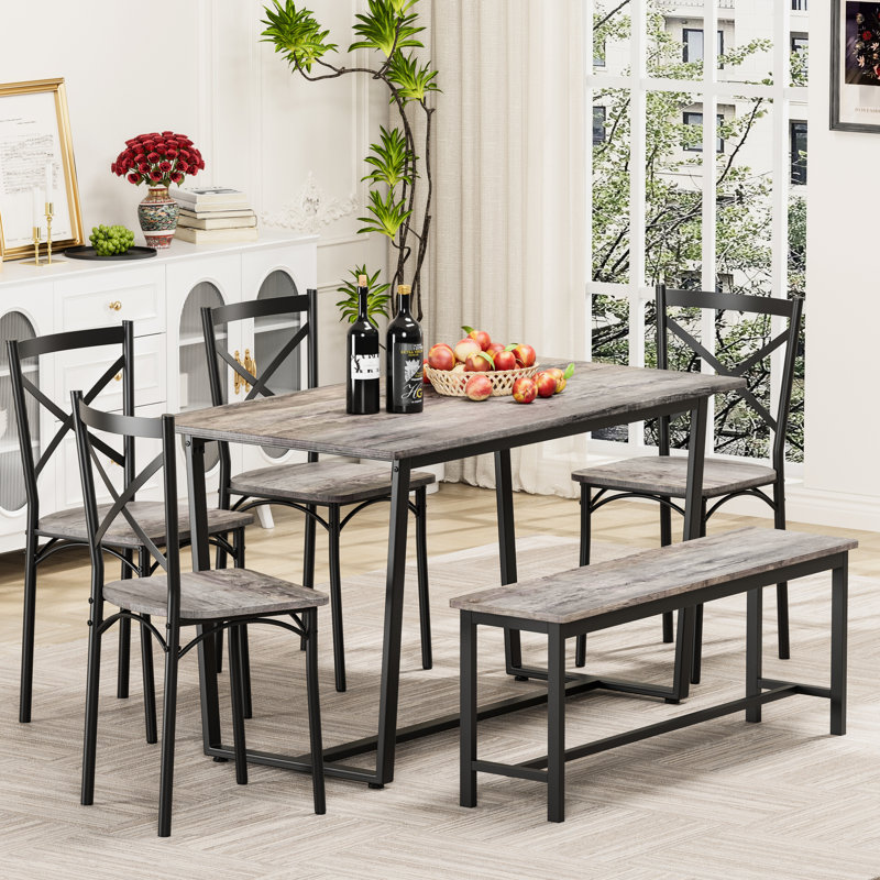 Gris 6 couverts pour les repas de famille et les événements, table de cuisine compacte et efficace en gris, simple à assembler, chaises avec sièges larges