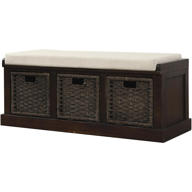 Rustic Storage Bench With 3 Removable Classic Rattan Basket , Entryway Bench With Removable Cushion (Espresso), Espresso
