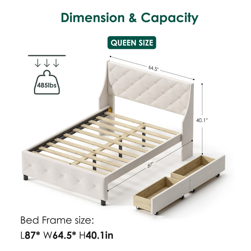 Base de lit grand format, tête de lit avec rangement, plateforme en métal, sans bruit, lattes en métal, sans sommier