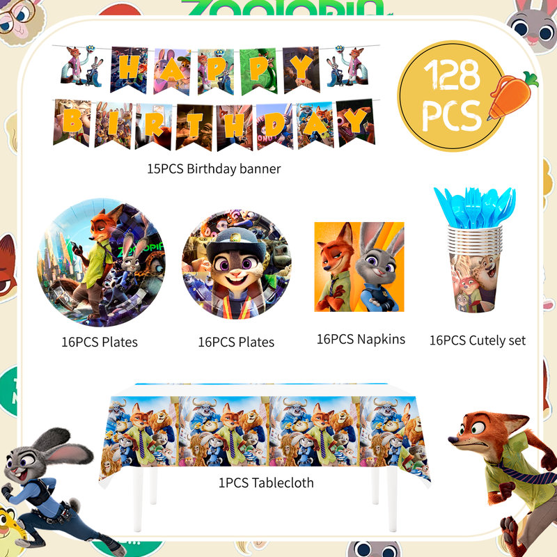 Zootopia Birthday Tableware,128Pcs Zootopia Party Tableware Set