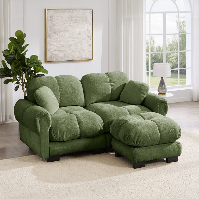 Canapé modulaire en L en chenille matelassé avec repose-pieds 76 po Fairmont, Vert mousse