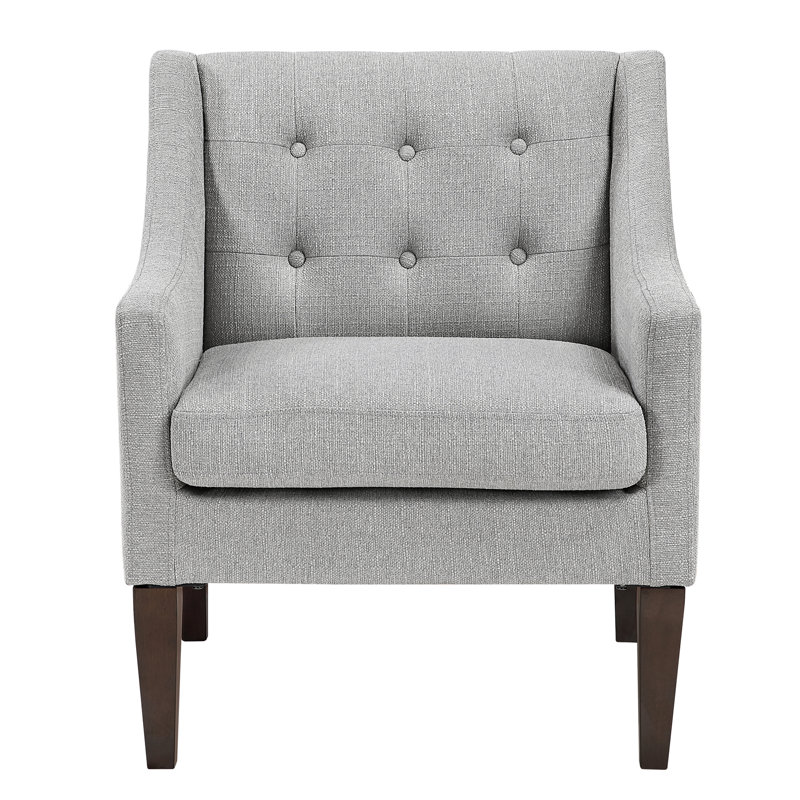Élégante chaise d'appoint de salon grise, tissu de revêtement à boutons, structure en contreplaqué, coussins de siège en mousse haute, housse réversible et détachable, chaise contemporaine pour pieds en bois d'hévéa brun