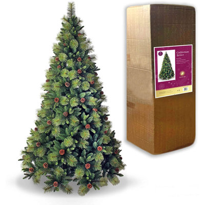 7ft & 8ft Artificial Christmas Tree with Hinged Branches, Pine Cones and Metal Stand