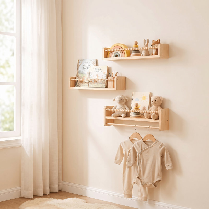 Ensemble de 3 étagères murales flottantes en bois naturel pour livres, jouets et articles de décoration. Idéales pour la chambre, le salon ou l'entrée.