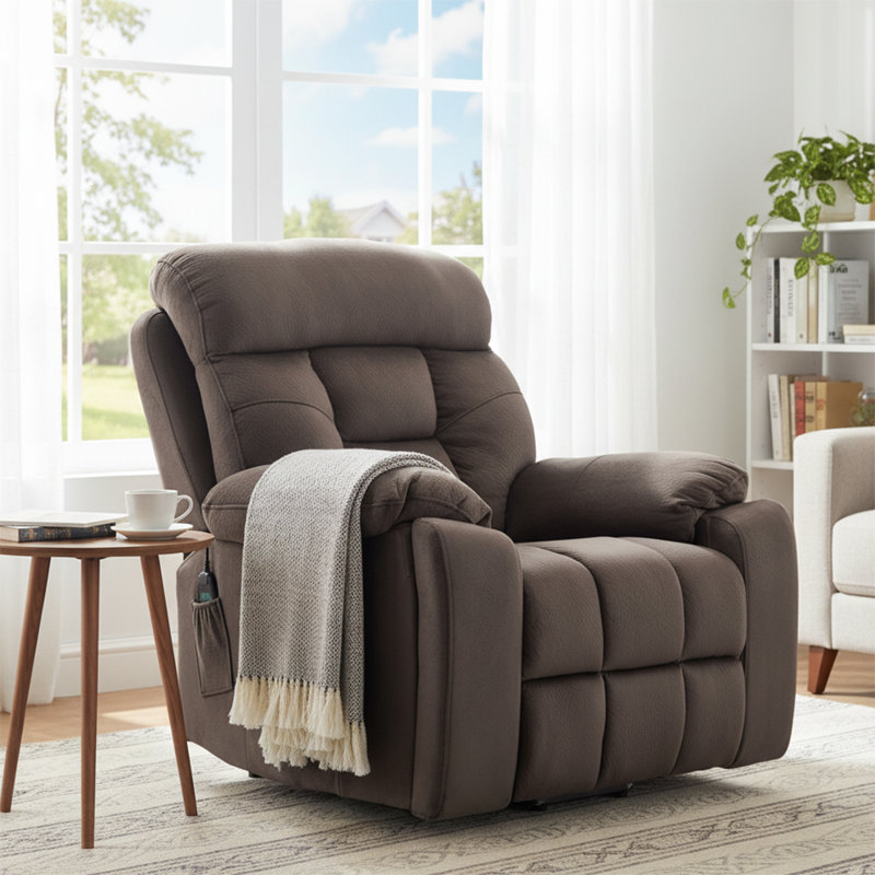 Classic Power Velvet Upholstered Lift Recliner with Storage Pockets and Hidden Cup Holders, Antique Brown