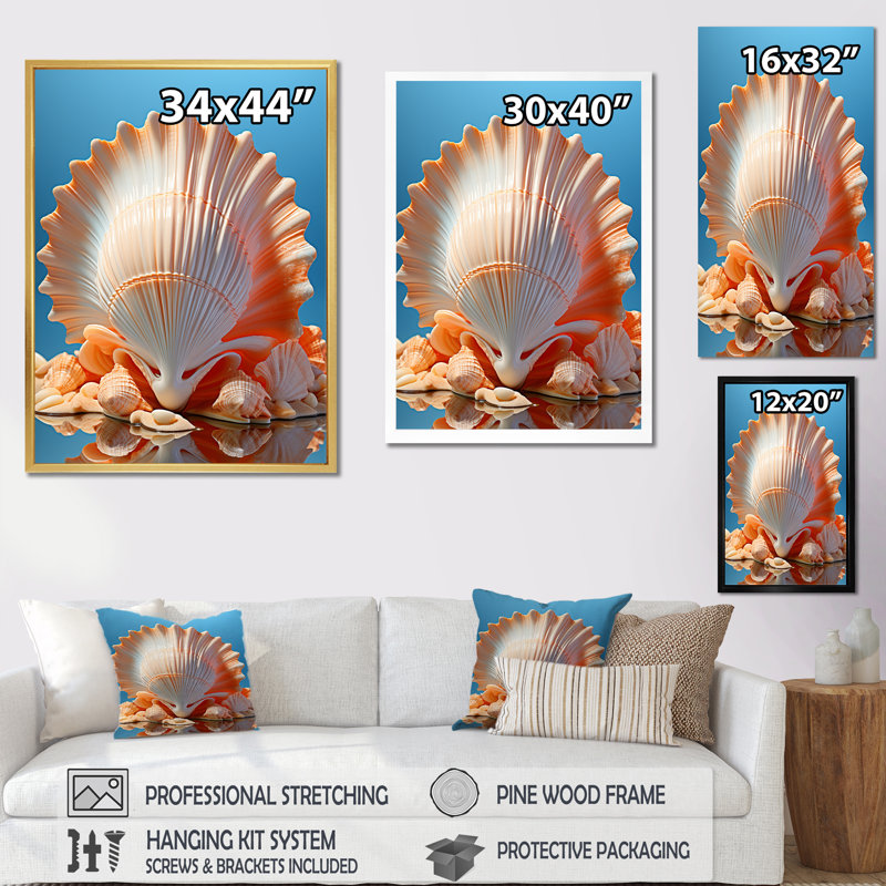 Coquilles opulentes symboliques sur toile, H 44 po x l 34 po x P 1,5 po, Cadre flottant blanc