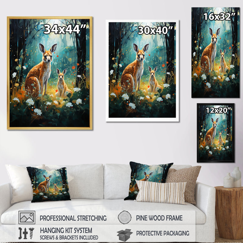 «Cute Kangaroo Flower Oasis II», reproduction sur toile, H 44 po x l 34 po x P 1,5 po, Toile tendue