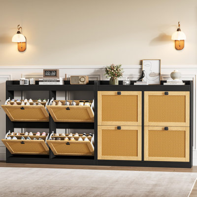 Ensemble de 2 range-chaussures en rotin avec 4 tiroirs rabattables, tablettes réglables et rangement pour chaussures autoportant