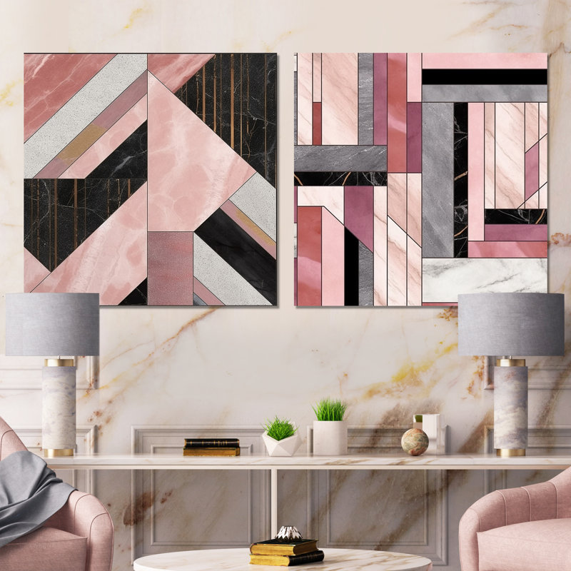 Agate de granit rose en marbre rose avec touches dorées - ensemble de 2 collages carrés géométriques modernes, Toile tendue
