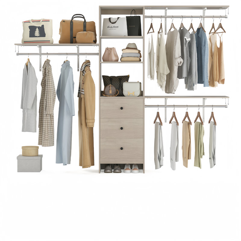 Organisateur de placard, système de placard avec 3 tringles de suspension, 3 tiroirs et tablettes ouvertes (kaki), Khaki