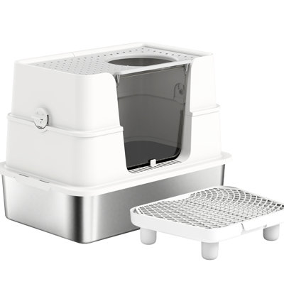 Top And Side Entry Stainless Steel Cat Litter Box, 100 Wide Opening For Maintenance, Three - In One Setup, Extra Large Big Breeds Enclosed Box With Dual Options, Made From 201 Steel, Resisting