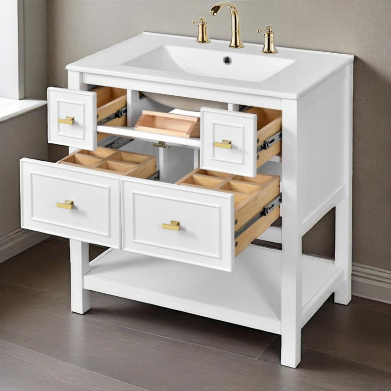 Ensemble de meuble-lavabo 30 po avec évier en céramique, 5 tiroirs, structure en bois massif , Blanc