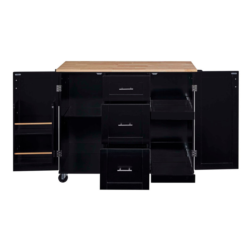 Îlot de cuisine roulant avec rangement, chariot de cuisine avec plateau en bois d'hévéa, 3 tiroirs, 2 tablettes coulissantes et support de rangement interne, îlot de cuisine sur roulettes avec support à épices et support à tour