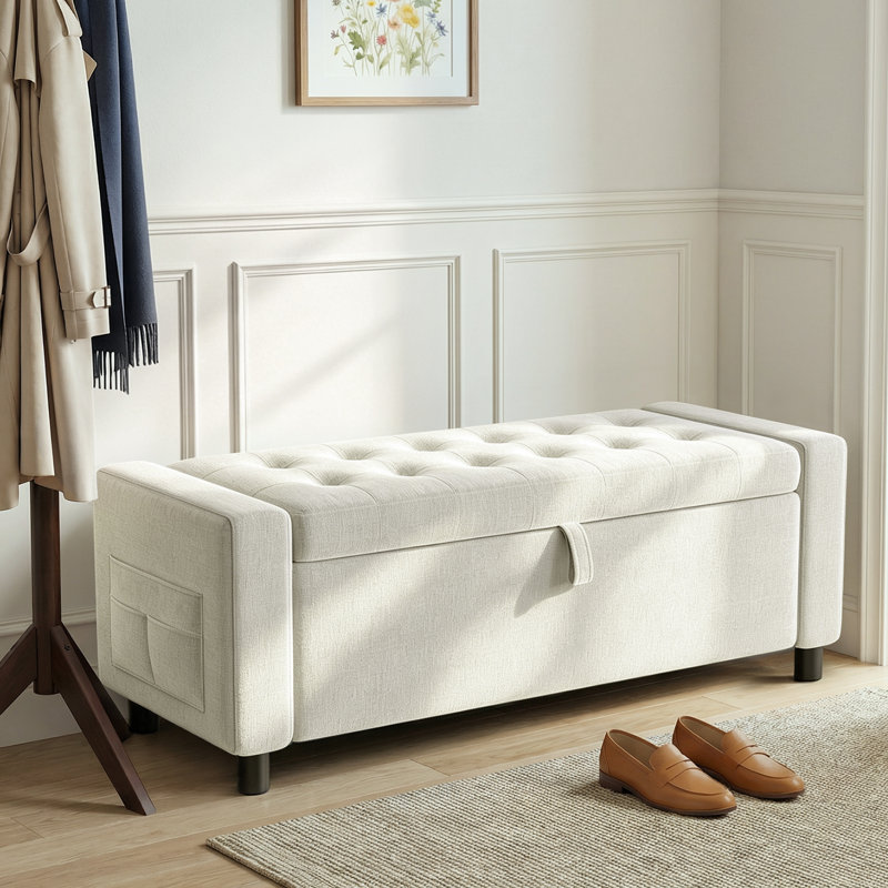 Banc de rangement avec repose-pieds 45,3 po, banc de bout rembourré plus épais de 3,14 po avec compartiment caché de 30 gallons et poche latérale, pour chambre à coucher, salon, entrée, beige