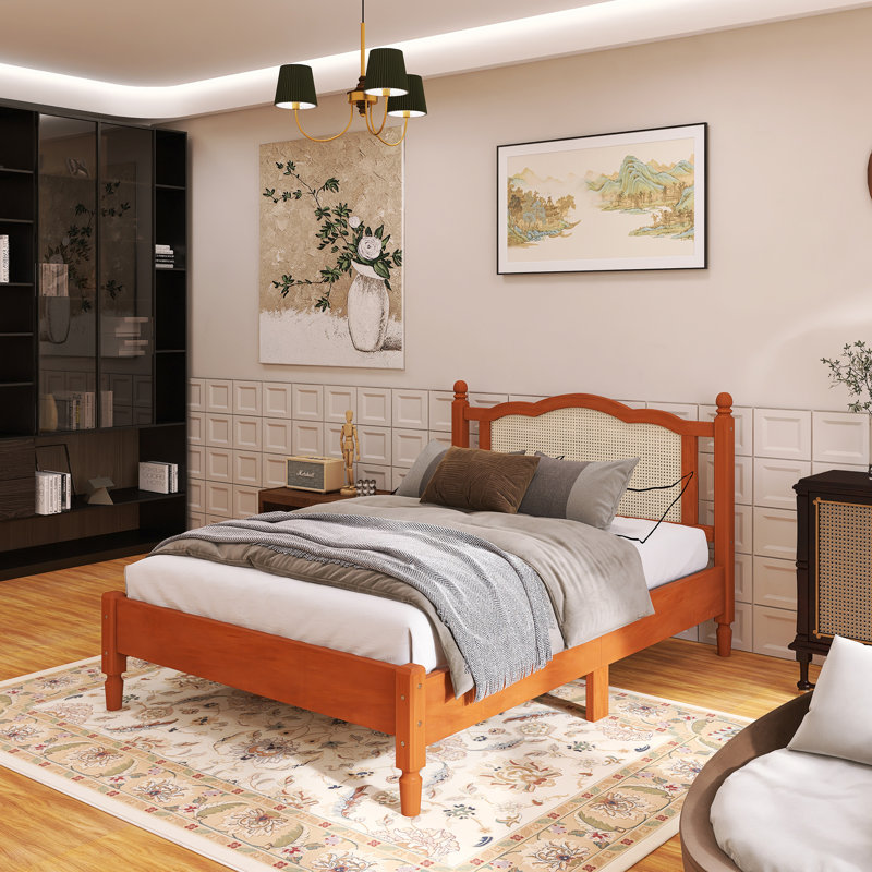 Lit plateforme double en bois avec tête de lit en rotin et support en lattes de bois, Lit double, Noyer