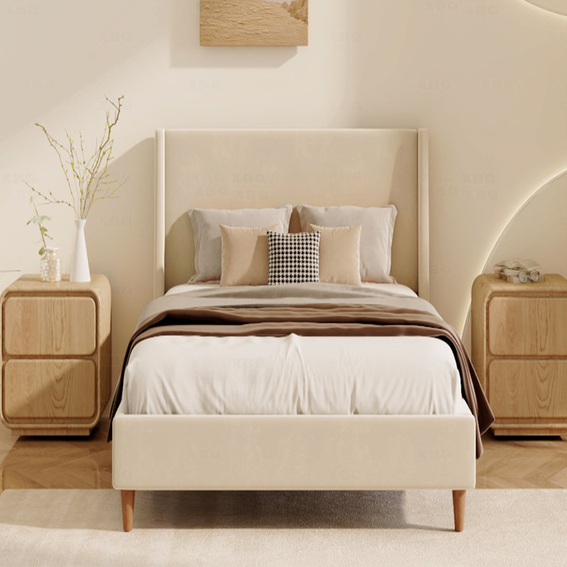 Lit plateforme tapissier moderne en velours beige avec tête de lit à oreilles et pieds en bois de noyer, Beige