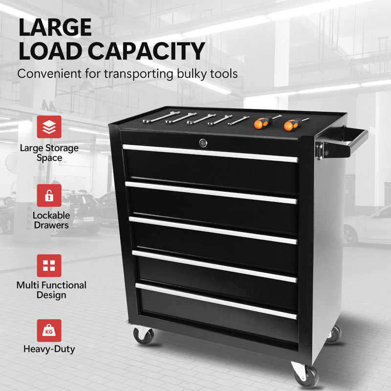 5 Drawers Rolling Tool Chest with Wheels, Portable Rolling Tool Box on Wheels, Black