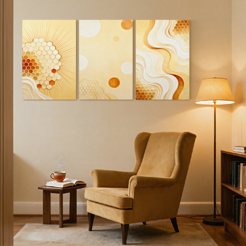 Abstrait motif de vagues abstraites dorées en nid d'abeille, ensemble de 3 impressions sur toile, H 18 po x l 36 po