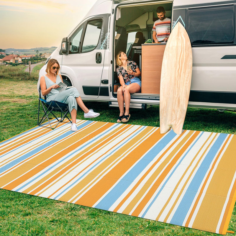 9x18 Outdoor Rug Geometric Reversible Plastic Straw Outdoor Rugs Colorful Striped Outdoor Carpet UV Resistant Portable Large Rug for Camping Beach Porch RV Deck, Orange Yellow Blue White