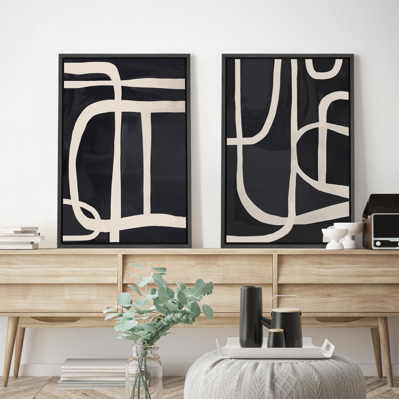 «Mid-Century Spiral Wave», 2 pièces sur toile, H 16 po x l 24 po, Cadre noir