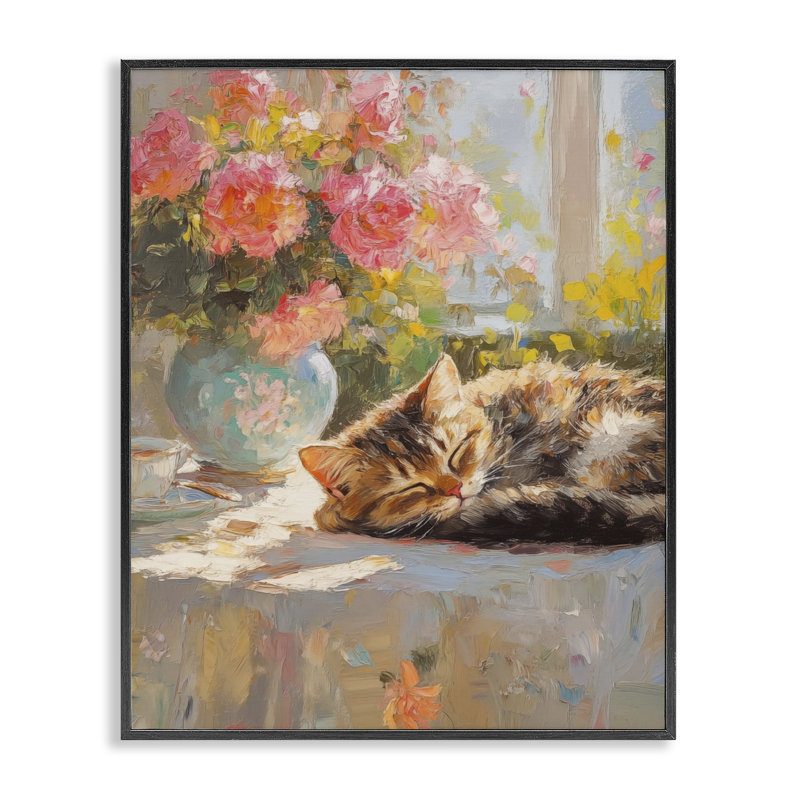 Chaton endormi et vase à fleurs, estampe numérique, design par Nini Art, H 14 po x l 11 po, Giclée encadrée noir minuit
