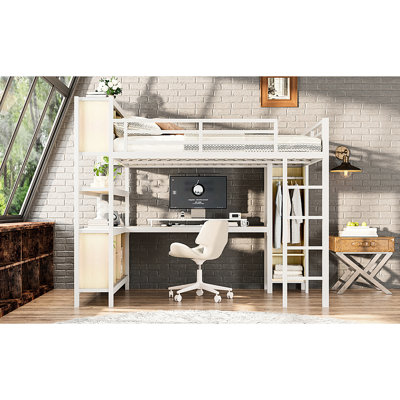 Grand lit mezzanine en métal blanc avec grain de bois avec bureau et garde-robe, pratique pour les chambres d'adolescent, facile à assembler en L