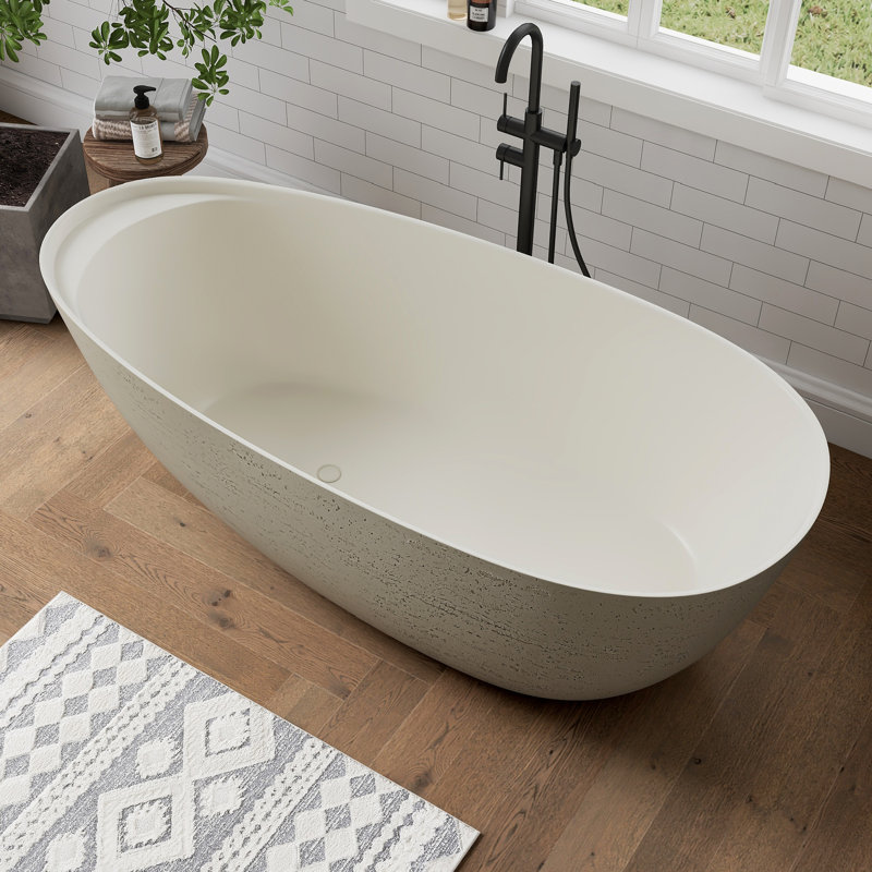 Baignoire autoportante en résine 67 po. X 31 po. Surface solide en pierre avec tablette intégrée