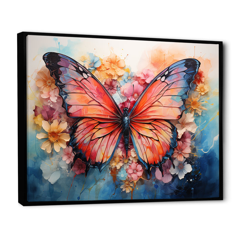 Papillon abstrait Auras II - grand art mural papillon, Cadre flottant noir, H 34 po x l 44 po x P 1,5 po