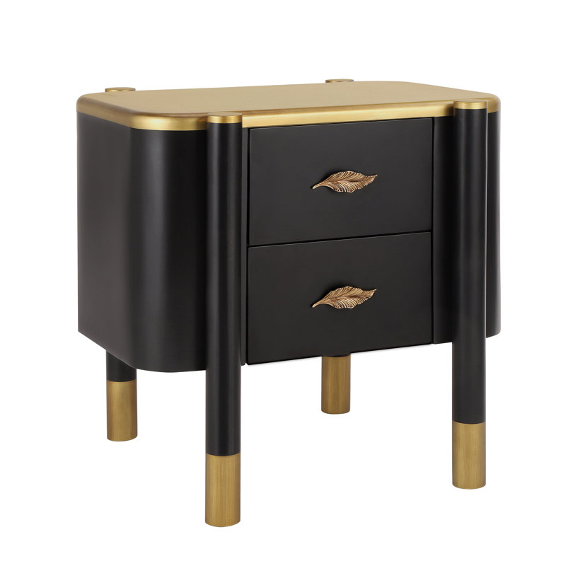 Achilles Wooden Nightstand With 2 Drawers & Feather Handles, Black