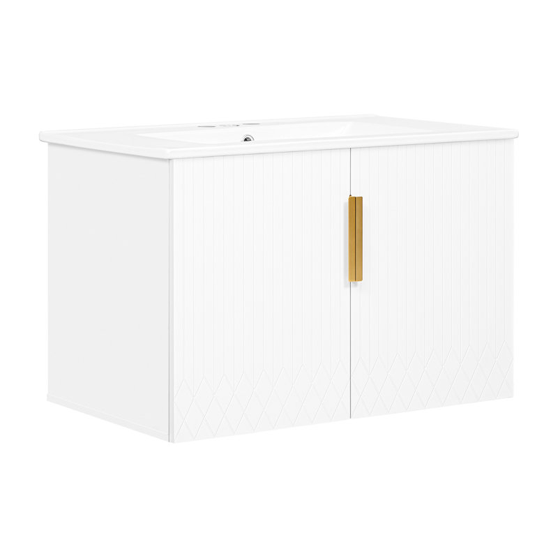 Meuble-lavabo mural de 30 po avec lavabo en céramique à 3 trous de style moderne et bois, meuble-lavabo intérieur spacieux et spacieux, conception simple et armoire de rangement pratique
