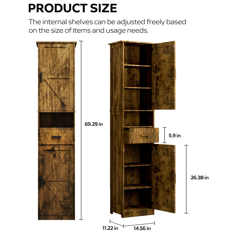 Narrow 69" H Bathroom Cabinet With 2 Doors And 1 Drawer - Vintage Style, Adjustable Shelves For Various Rooms Storage Barn Flair, Practical Bathroom, Living Room, Entryway, Kitchen