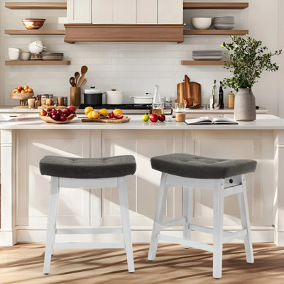 24" Solid Wood Grey Saddle Bar Stools Ideal for Kitchen Island and Counter
