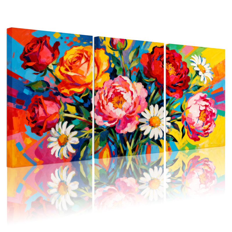 Plantes et fleurs, bouquet floral éclatant avec roses et marguerites, ensemble de 3 impressions sur toile, H 24 po x l 48 po