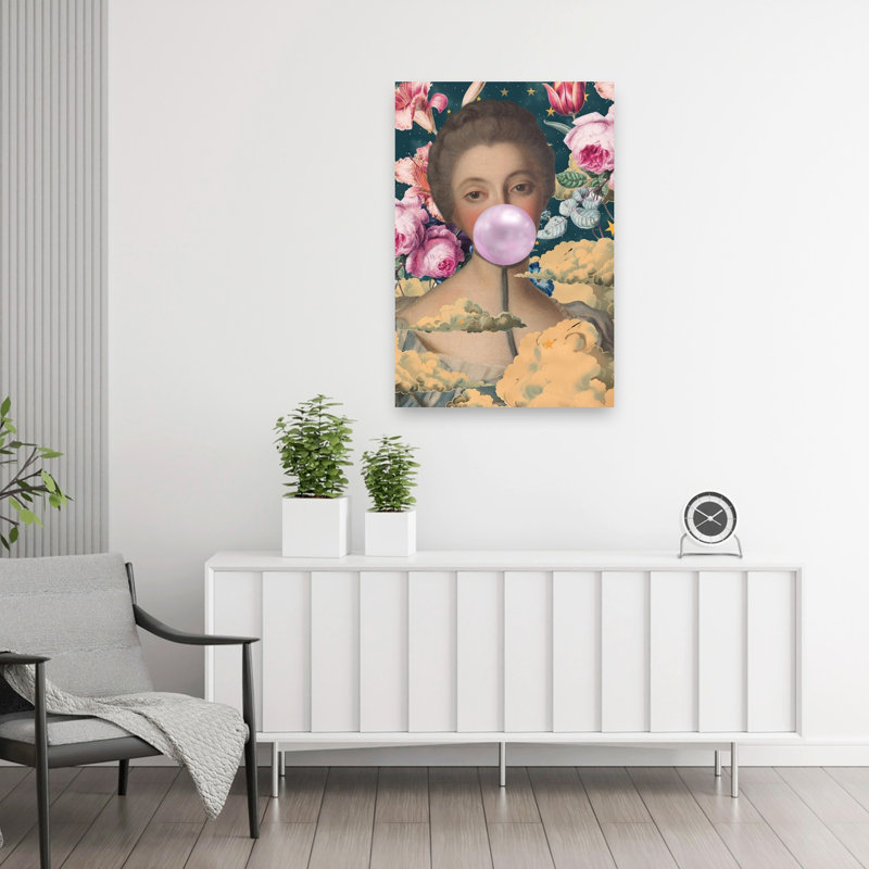 Affiche murale fleurie surréaliste avec motif de gomme à mâcher, portrait classique, onirique et élégant de fleurs