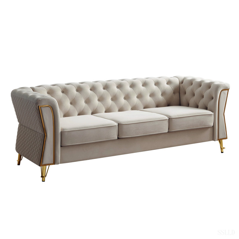 Canapé moderne en velours capitonné 87,4 pouces pour le salon, Velours beige