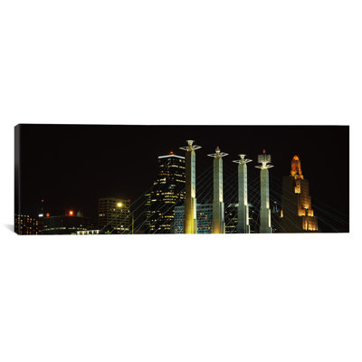Buildings Lit Up At Night Bartle Hall, Kansas City, Missouri - Wrapped Canvas Panoramic Photograph