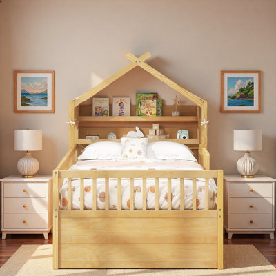 Lit maison avec lit gigogne, tablettes de tête de lit et tiroirs de rangement