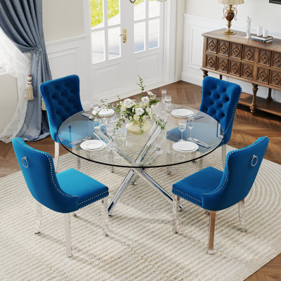 Ensemble de salle à manger à piédestal rond 5 pièces avec chaise capitonnée en velours pour salle à manger et salon